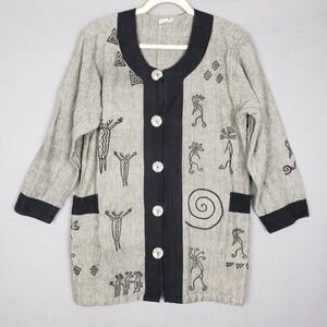 Venus Imports Size S Kokopelli Print Jacket Gray Black Embroidered Cotton Tribal